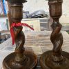 Pair-Vintage-Antique-Oak-Wood-Barley-Twist-Candlesticks-Copper-Holders-385074441233