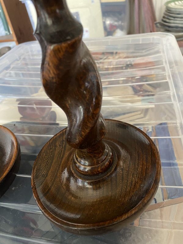 Pair-Vintage-Antique-Oak-Wood-Barley-Twist-Candlesticks-Copper-Holders-385074441233-3