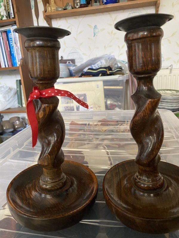 Pair-Vintage-Antique-Oak-Wood-Barley-Twist-Candlesticks-Copper-Holders-385074441233