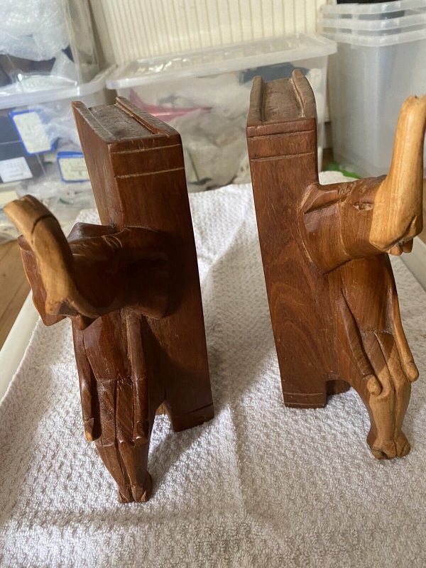 Pair-Kenyan-Vintage-Teak-Handcarved-Wooden-Elephant-Bookends-385027629169